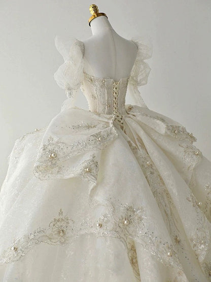Luxury Ball Gown Sweetheart Sequin White Long Sleeves Wedding Dresses With Beads C1807