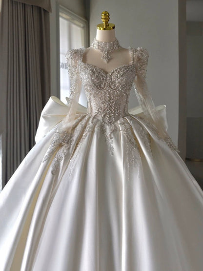 Chic Ball Gown Sweetheart White Long Sleeves Satin Wedding Dresses With Beads Bow C1809