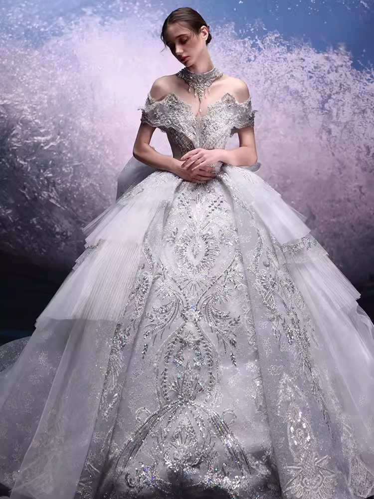 Luxury Ball Gown Off The Shoulder Neckline Short Sleeves Sequin Wedding Dress C181