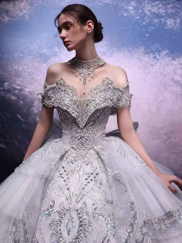 Luxury Ball Gown Off The Shoulder Neckline Short Sleeves Sequin Wedding Dress C181