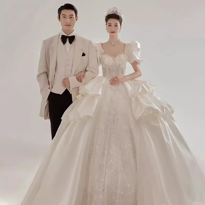 Luxury Ball Gown Square Neckline Short Sleeves Lace White Wedding Dress C186