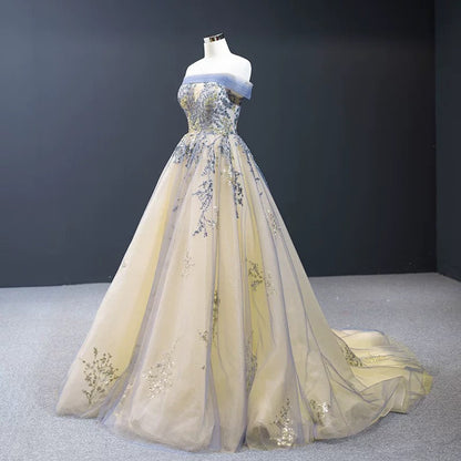 Modest Ball Gown Off The Shoulder Long Blue Sweet 15 Dress Prom Dresses C1952