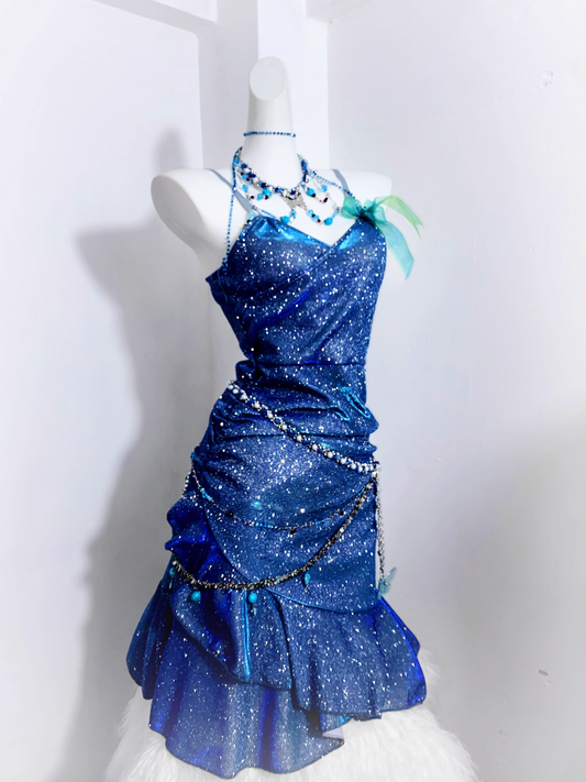 Glitter Spaghetti Straps Navy  Blue Ruffles Short Homecoming Dress Birthday Outfits  S607