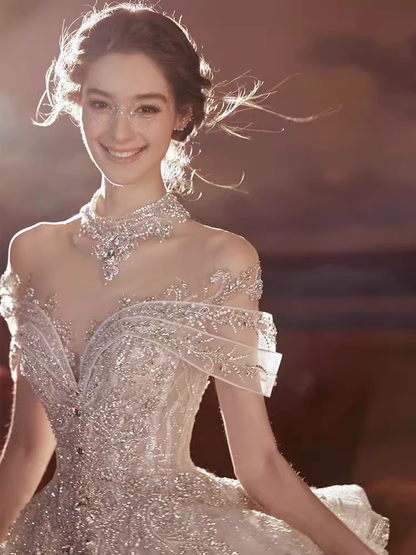 Princess Ball Gown Off The Shoulder Sequin Long Wedding Dresses C201