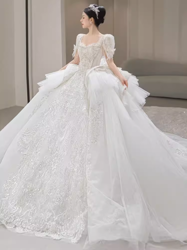 Princess Ball Gown Half Sleeves Lace Wedding Dresses C205