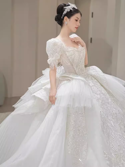 Princess Ball Gown Half Sleeves Lace Wedding Dresses C205