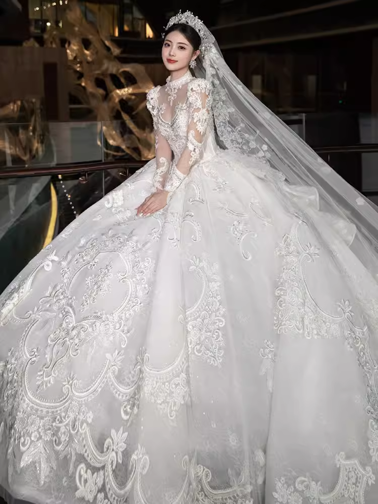 Elegant Ball Gown High neckline Long Sleeves Satin Wedding Dresses C210