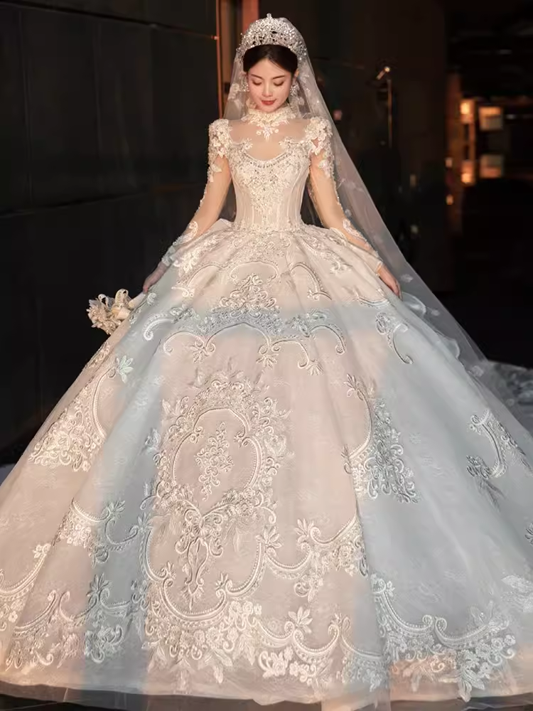 Elegant Ball Gown High neckline Long Sleeves Satin Wedding Dresses C210