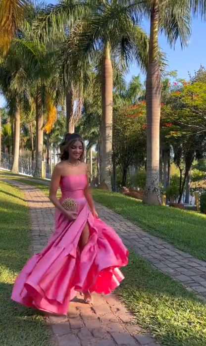 Classy Ball Gown Strapless Pink Floor Length Satin Slit Prom Dresses Evening Gowns C2532