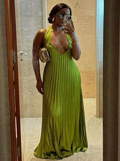 Classy A line Halter Ruffles Floor Length Green Prom Dresses Black Girl Prom Gowns C2542