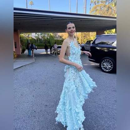 Classy High Low Halter Light Sky Blue Satin Prom Dresses With Flowers Backless Prom Gowns C2545