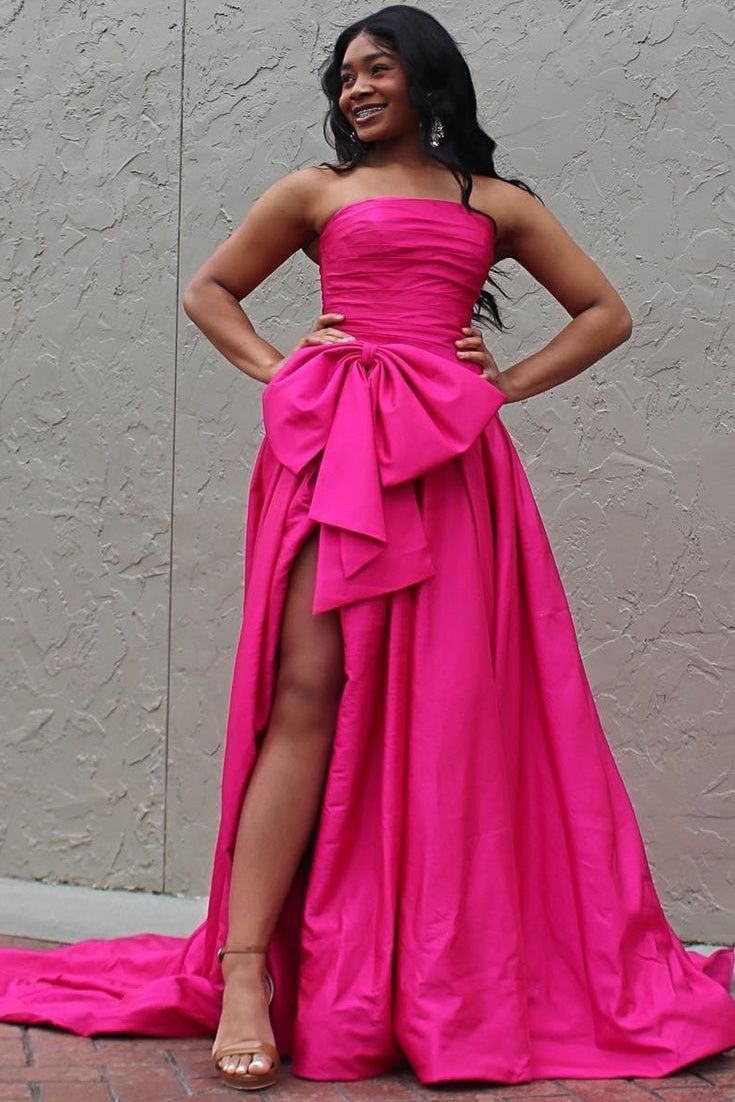 Fancy Hot Pink Strapless Satin Long Prom Dress Tiered Evening Formal Gown With Bowknot C2695