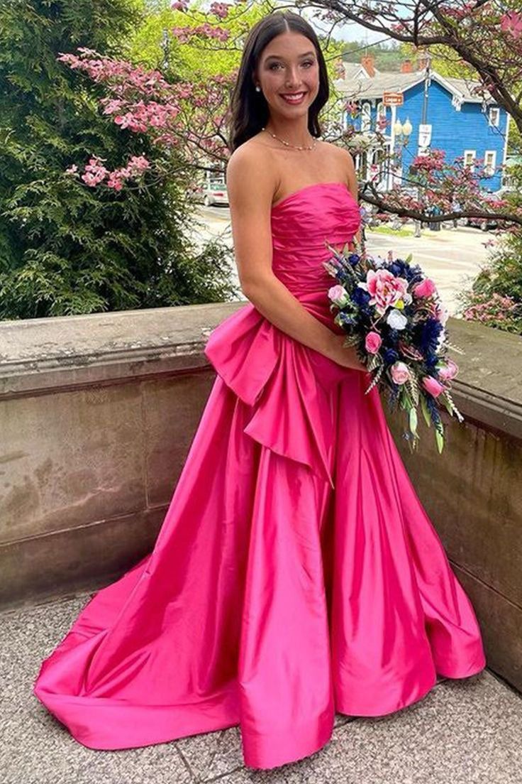 Fancy Hot Pink Strapless Satin Long Prom Dress Tiered Evening Formal Gown With Bowknot C2695