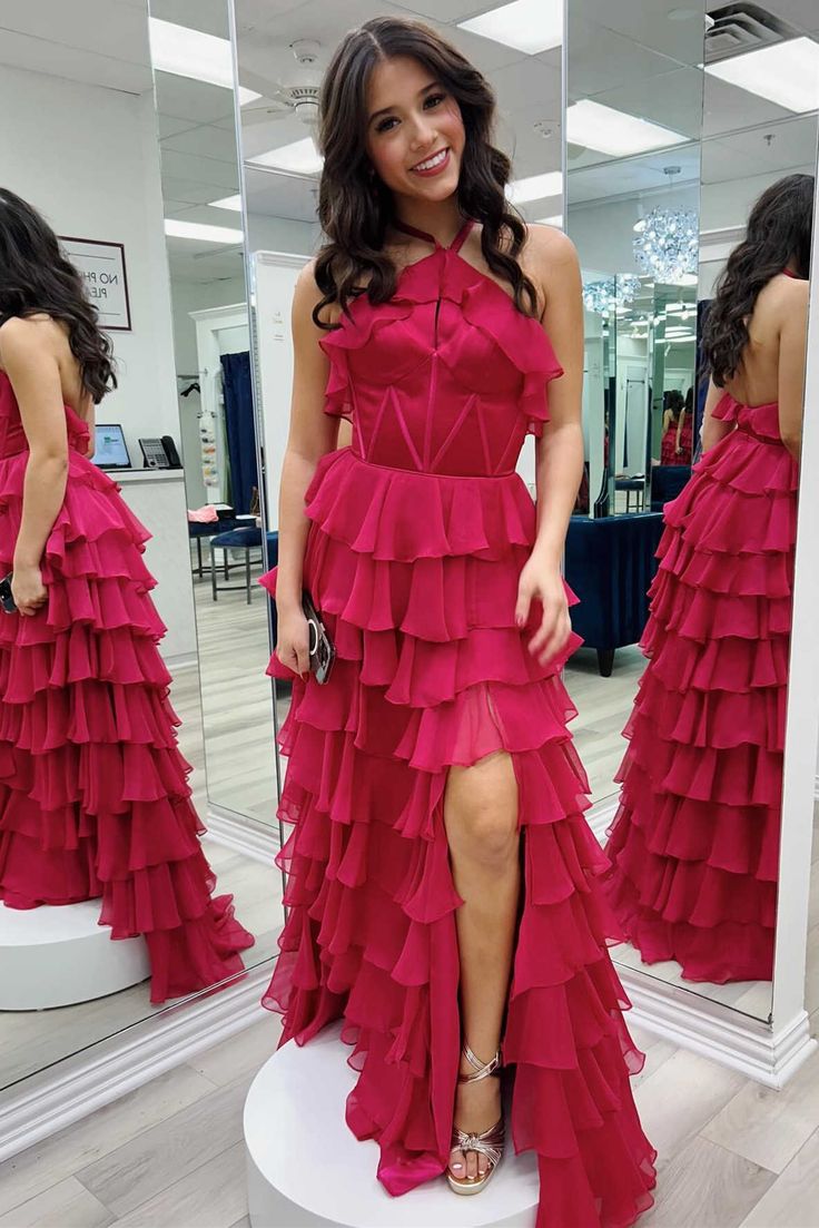 Fancy Halter Keyhole Ruffle Tiered Prom Dress with Slit Evening Gowns C2699