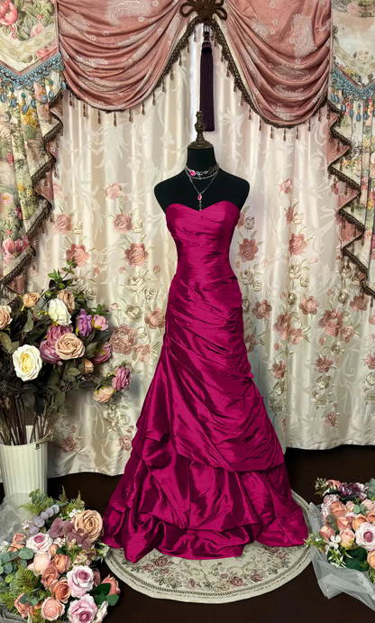 Stylish Strapless Red Satin Pleated Mermaid Evening Dress Long Birthday Prom Dresses SP942
