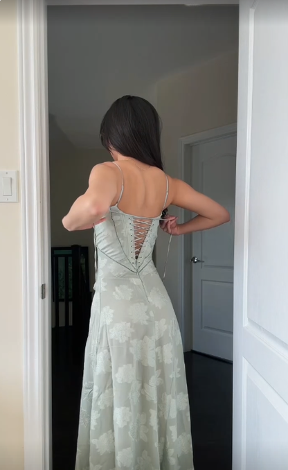 Elegant Sheath Spaghetti Straps Mint Green Lace Long Prom Dresses Evening Gowns C3021