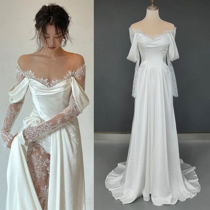 Off Shoulder Lace Wedding Gowns Big Size Custom Made A Line Long Sleeves Ruched Satin High Slit Bridal Dress C304