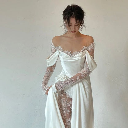 Off Shoulder Lace Wedding Gowns Big Size Custom Made A Line Long Sleeves Ruched Satin High Slit Bridal Dress C304