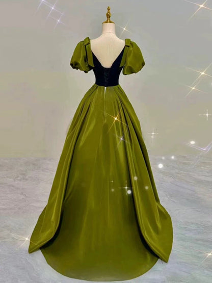 Elegant Ball Gown V Neckline Olive Green Satin Long Prom Dress Evening Dresses C3250