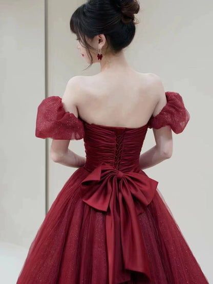 Elegant Ball Gown Sweetheart Burgundy Short Sleeves Long Prom Dress Evening Dresses C3263