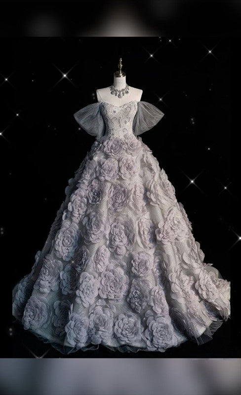 Pretty Ball Gown Off The Shoulder Gray Tulle Flowers Evening Dress Prom Dresses C3424
