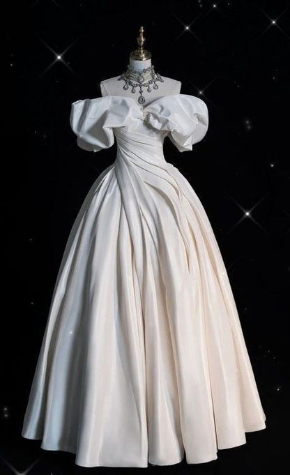 Elegant Ball Gown Off The Shoulder Satin Long White Wedding Dresses CC345