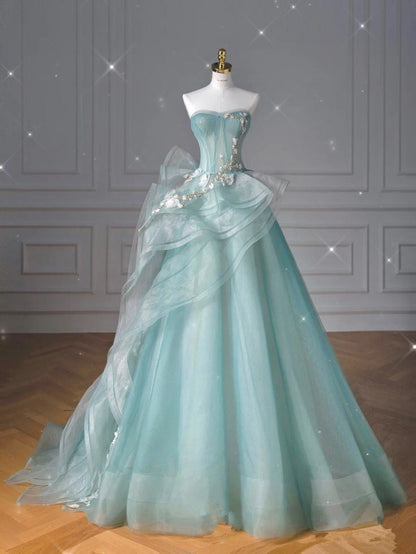 Pretty Ball Gown Sweetheart Tulle Green Long Evening Dress Prom Dresses With Ruffles C3454