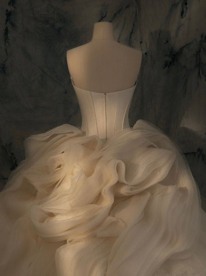 Elegant Ball Gown Strapless Satin Long Tulle Wedding Dresses With Ruffles CC350