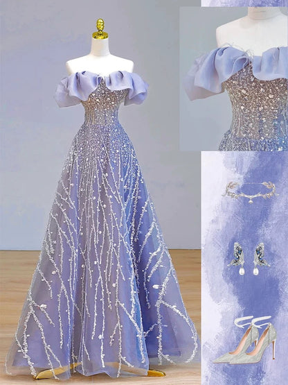 Elegant Ball Gown Off The Shoulder Lilac Short Sleeves Sequin Evening Dress Long Prom Dresses C3583
