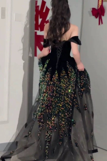 Elegant Ball Gown Off The Shoulder Black Short Sleeves Sequin Evening Dress Long Prom Dresses C3584