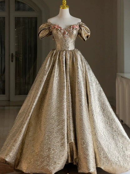 Pretty Ball Gown Off The Shoulder Gold Satin Long Ruffles Prom Dresses Sweet 16 Dresses C3591
