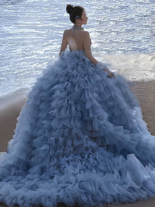 Pretty Ball Gown High Neckline Tulle Layers Long Blue Ruffles Prom Dresses Sweet 16 Dresses C3592