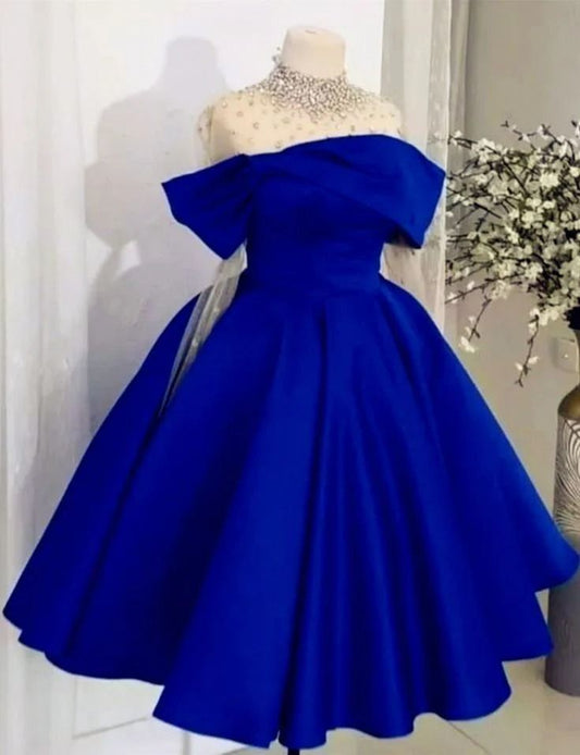 Pretty Ball Gown Royal Blue Satin Evening Dress Prom Dresses With Beads C3689