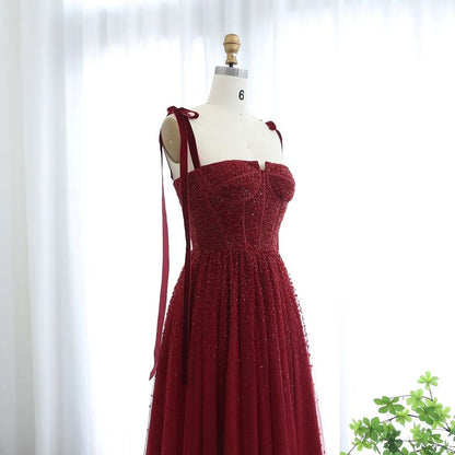 Vintage Ball Gown Straps Red Tulle Beading Long Evening Dress Prom Dresses C3693