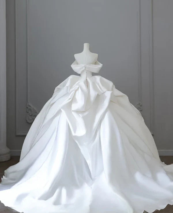 Elegant White Satin Off-the-shoulder Ruffle Ball Gown Design A-Line Wedding Dress, D1584