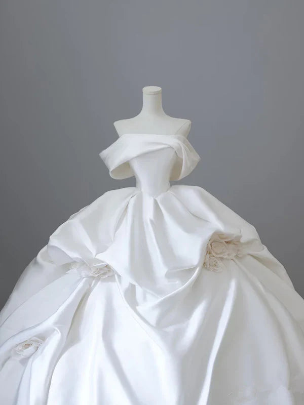 Elegant White Satin Off-the-shoulder Ruffle Ball Gown Design A-Line Wedding Dress, D1584