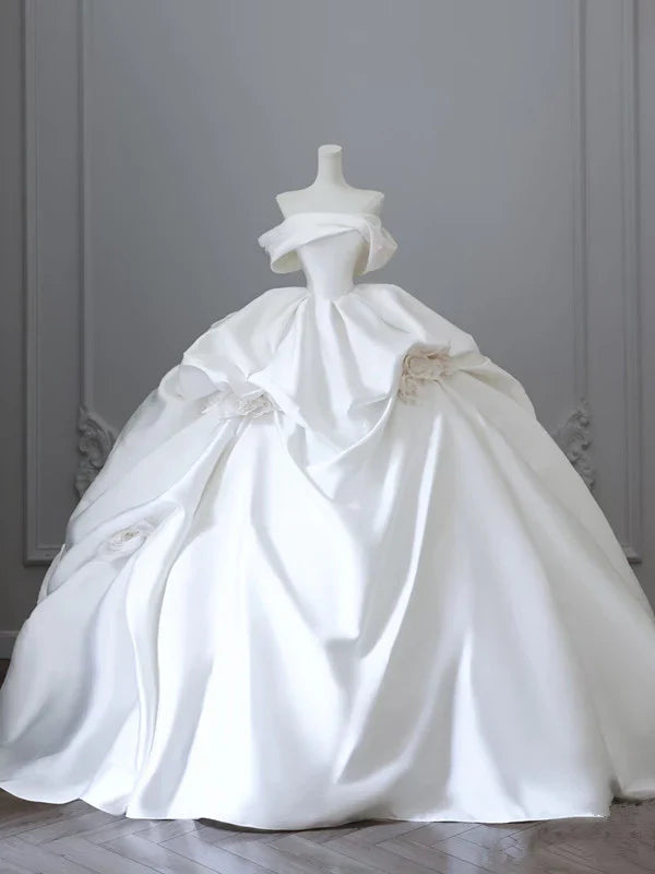 Elegant White Satin Off-the-shoulder Ruffle Ball Gown Design A-Line Wedding Dress, D1584