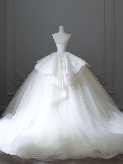 Chic Ball Gown Strapless White Sleeveless Lace Satin Wedding Dresses With Ruffles C3809