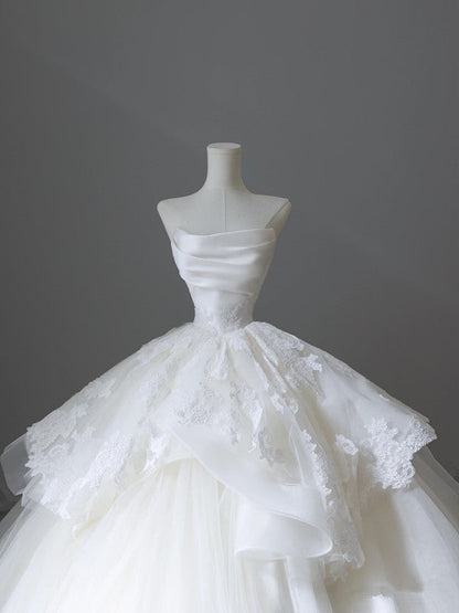 Unique Ball Gown Strapless White Lace Satin Long Wedding Dresses Brides Dress