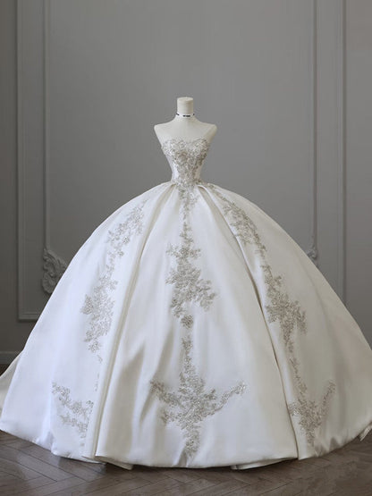 Unique Ball Gown Strapless White Lace Satin Long Wedding Dresses Brides Dress