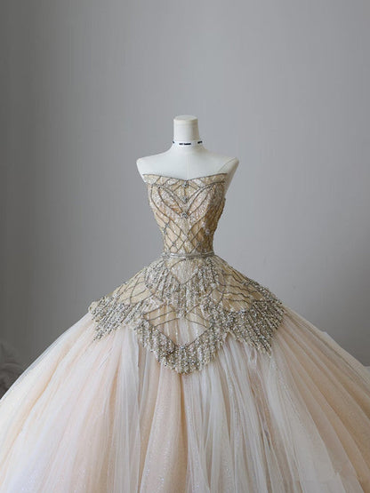 Unique Ball Gown Strapless Tulle Champagne Long Wedding Dresses Brides Dress
