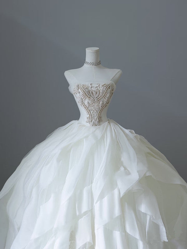 Unique Ball Gown Strapless Tulle White Long Wedding Dresses Brides Dress