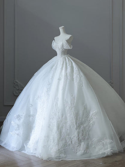 Unique Ball Gown Strapless Tulle White Long Off The Shoulder Wedding Dresses Brides Dress