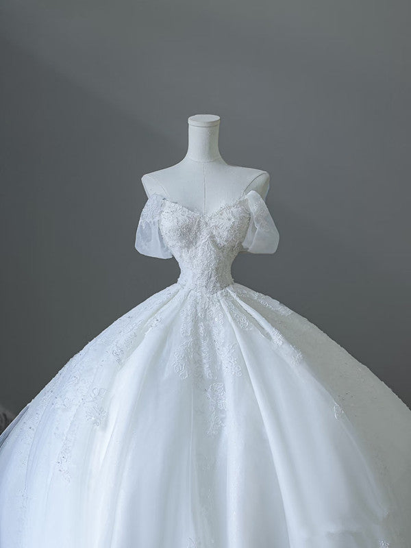 Unique Ball Gown Strapless Tulle White Long Off The Shoulder Wedding Dresses Brides Dress