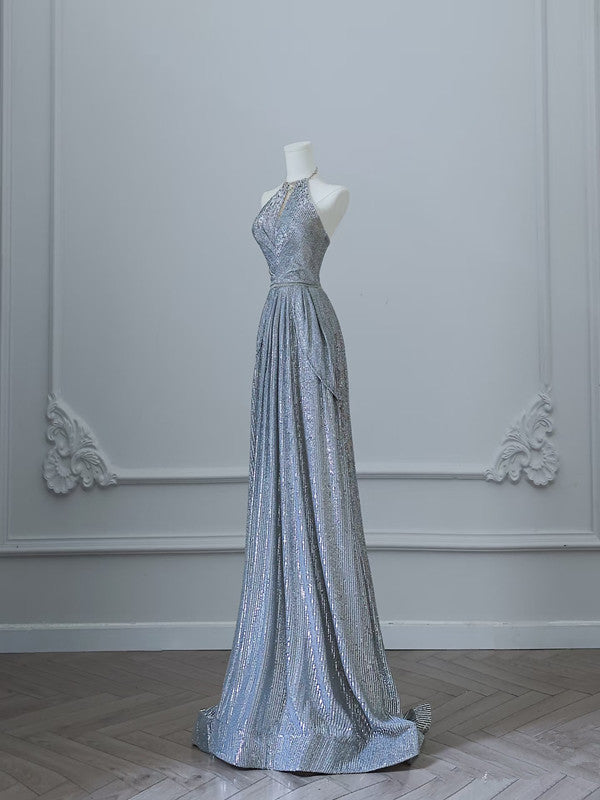 Sexy A Line Scoop Neckline Silver Sequin Long Prom Dresses Evening Gowns