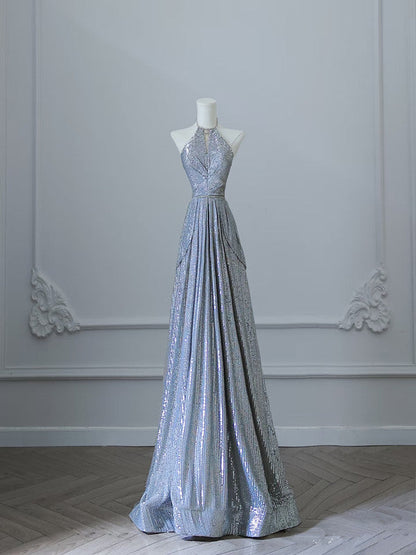 Sexy A Line Scoop Neckline Silver Sequin Long Prom Dresses Evening Gowns