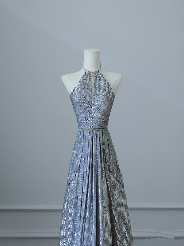 Sexy A Line Scoop Neckline Silver Sequin Long Prom Dresses Evening Gowns