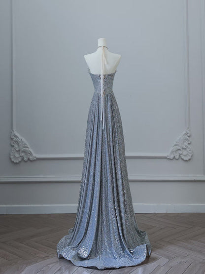 Sexy A Line Scoop Neckline Silver Sequin Long Prom Dresses Evening Gowns