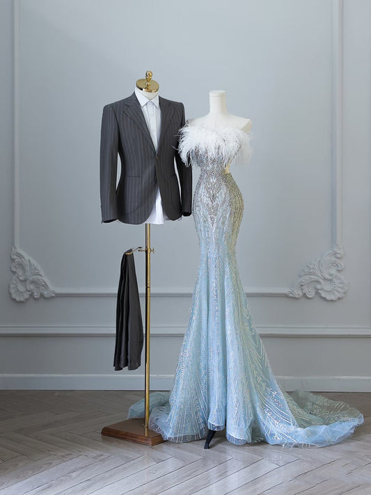 Sexy Mermaid Strapless Blue Sequin Long Prom Dresses Evening Gowns