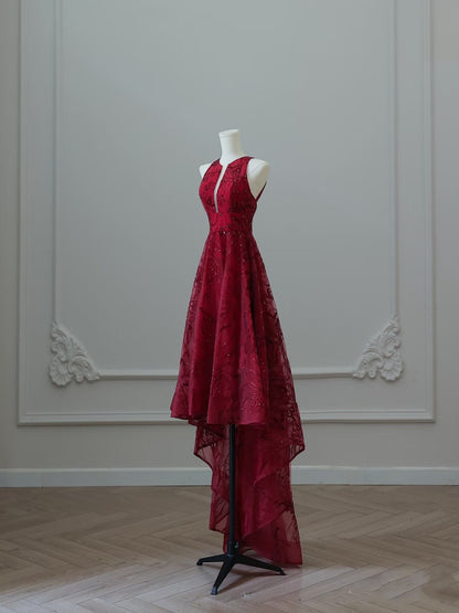 Sexy High Low Burgundy Sequin Long Prom Dresses Evening Gowns
